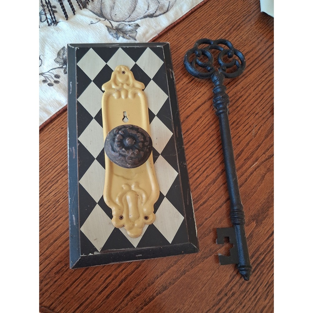 Vintage Harlequin Plaque with Doorknob and Large Cast Iron Skeleton Key Set